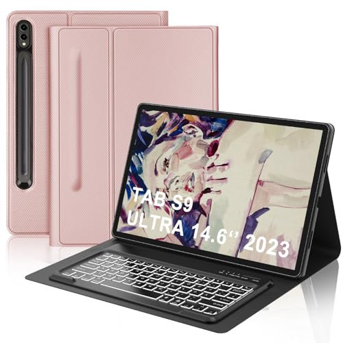 IVEOPPE Tastatur für Samsung Galaxy Tab S10 Ultra 2024, Hülle mit Tastatur Galaxy Tab S10/S9 Ultra, Abnehmbarer QWERTZ Layout Beleuchtung für Samsung S9/S10 Ultra 14.6 Zoll, Rosa