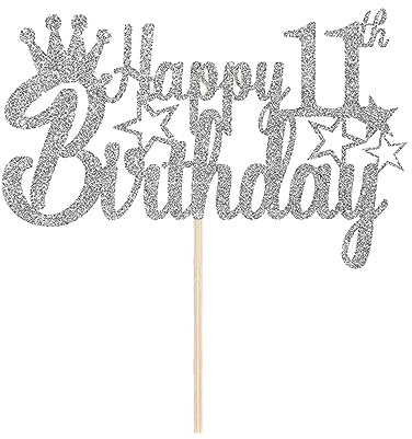 11th Birthday Cake Toppers, Happy 11th Birthday Cake Topper Glitter Star 11 Fabulous Cake Pick Birthday Sign Cake Decorations for Boys Girls 11 Years Old Birthday Party (Silver)