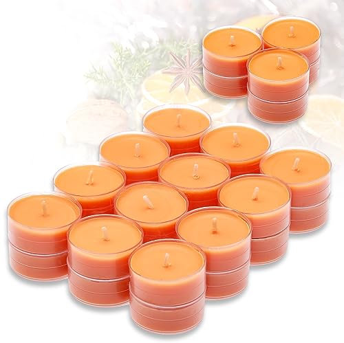 Candelo 24er Set Duft Kerzen - Duftteelichter Winterorange - Teelicht in Kunststoff Hülle je 1,7 x 3,8cm - 4 Std Brenndauer - Teelichter in Orange