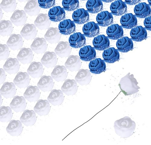 sourcing map Lot de 144 roses artificielles blanches et bleu foncé avec dentelle pour décoration de mariage, arrangements floraux, mariage, Saint-Valentin