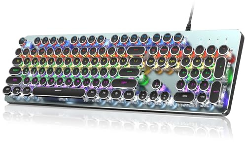 Typewriter Wired Mechanical Gaming Keyboard, Blue Switch LED Backlit | Metal Panel, Retro Punk Round Keycaps, 104 Keys Wired USB Keyboard for PC Laptop Mac Gamer, Rainbow Backlit, RisoPhy