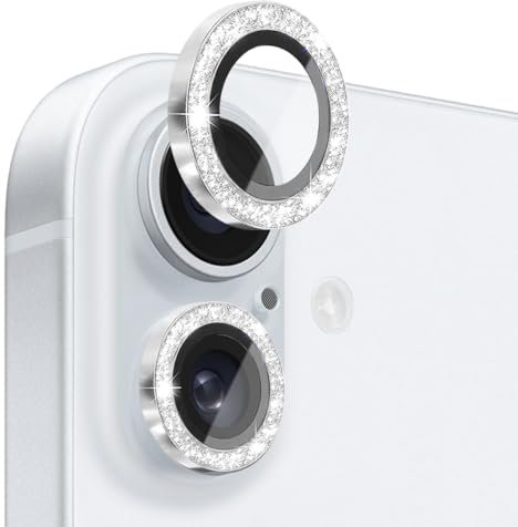 EKAM Camera Lens Protector for iPhone 16 6.1-Inch and iPhone 16 Plus 6.7-Inch, 9H Tempered Glass Aluminum Alloy Metal Individual Ring Cover HD Clear Bubble Free Protection (Glitter Silver)