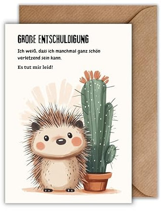 WBdesignz Entschuldigung Karte mit Umschlag - Wiedergutmachung Reuekarte mit Spruch Sorry-Karte Versöhnung Igel Kaktus (DIN A6)