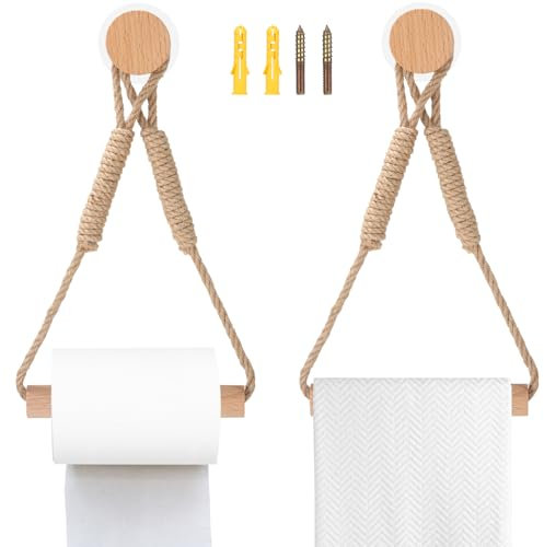 Zaxiva Porte Papier Toilette Mural en Bois et Corde, Support Serviette Salle de Bain sans Percage, Ensemble de Mouchoirs Rustiques Porte-Papier, Accessoires de Salle Bain de Style Industriel