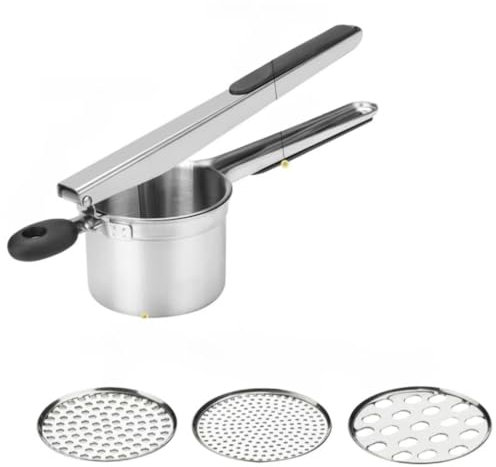 Stainless Steel Potato Ricer, Juicer and Garlic Crusher, 3 Interchangeable Discs