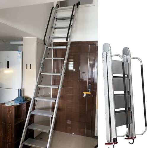 EXCLURA Dachbodentreppe Metall-Dachbodenleiter für Zweistöckiges Haus, Dachbodentreppe, Klappbare Trittleiter, Feuerleiter für Wohnungen, Robuste Dachbodentreppen-Sicherheit(9 step-275cm (108.3))