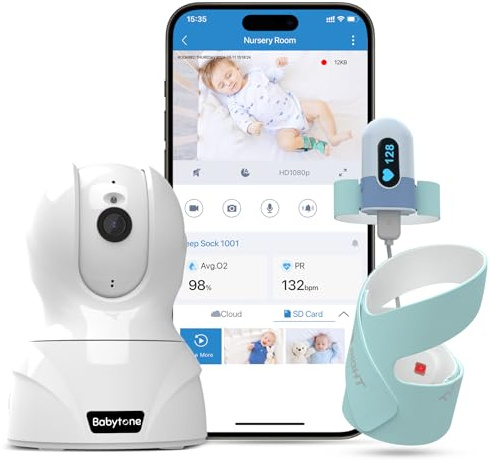 Baby Sock Pulsoximeter für Babyfüße, kontinuierliche Überwachung von Sauerstoffgehalt, Herzfrequenz sowie Weinen und Bewegungen, Baby-Monitor mit Zwei-Wege-Audio, Nachtsicht und App-Anbindung
