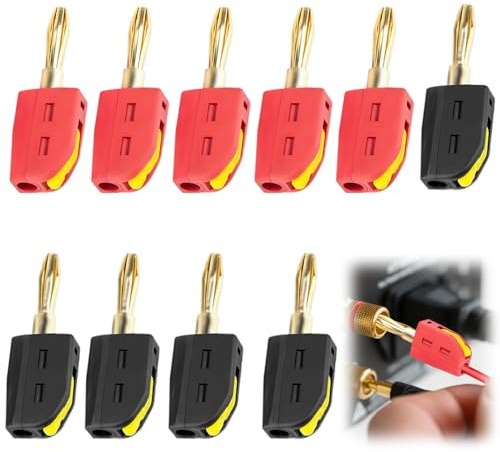 Menibeuty Lot de 10 Fiches Bananes 4mm Haut de Gamme, Connecteurs Enceintes sans Soudure à Double Vis, Prise Banane Plaqué Or pour Amplificateur Hi-Fi, Récepteur AV et Home Cinéma (5 Rouges / 5 Noirs)