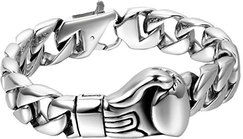 Cupimatch Herren Retro Breites Armband, Edelstahl Gotik Punk Rock Biker Boxhandschuhe Handschuhe Panzerkette Fahrradkette Motorradkette Armreif, silber