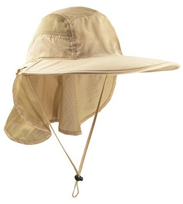 WANYING Unisex UV Schutz Sonnenhut mit Nackenschutz 12cm Großer Brim Outdoor Aktivitäten - für Kopfumfang 56-62cm Hellkhaki