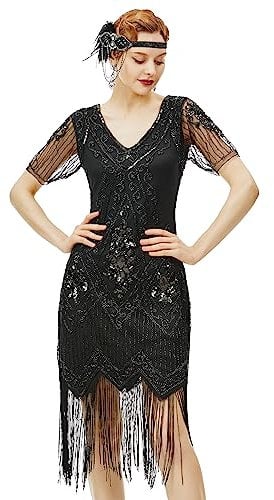 ArtiDeco 1920s Flapper Fringed Sequin Dress Roaring 20s Fancy Dress Gatsby Costume Dress V Neck Vintage Beaded Evening Dress, L /UK 16/EU 44, Black