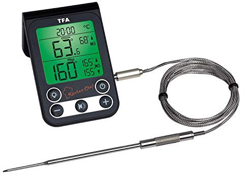 TFA Dostmann 14.1512.01 Küchen-Chef Digitales Grillthermometer Bratenthermometer, Kontrolle der Kerntemperatur und Garraumtemperatur, mit Knickschutz und Alarmton (schwarz mit Batterien)