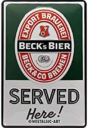 Nostalgic-Art Retro Blechschild Beck's – Served Here – Geschenk-Idee für Bier-Fans, aus Metall, Vintage-Design zur Dekoration, 20 x 30 cm