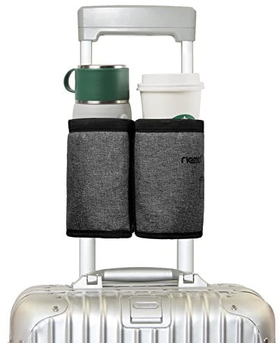 riemot Luggage Travel Cup Holder, Free Hand Drink Caddy - Hold Two Coffee Cups, Fits Roll on Suitcase Handles - Gifts for Travelers, Tourist, Flight Attendants Travelers Accessories, Grey