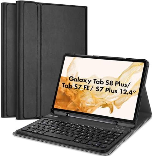 Procase Funda con Teclado Inglés para Galaxy Tab S7 FE 2021/Tab S7 Plus 12.4 2020 SM-T970/T975/T976/T978/T730, Keyboard Cubierta Delgada, Teclado Inalámbrico para Tab S7+/S7 FE 12.4 -Negro
