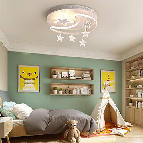 LED Deckenleuchte Kinderzimmer Dimmbar Mit Fernbedienung Nette Sterne Und Mond Deckenlampe Mädchen Junge Schlafzimmer Runden Acryl Deckenlicht Für Kindergarten Romantisch Pendelleuchte,Weiß,42cm