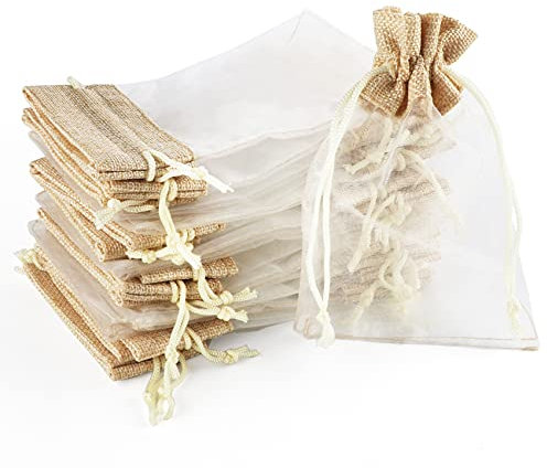 30 Stück Organza Säckchen 10x15 cm mit Kordelzug und Jutegewebe - Wiederverwendbare Geschenkbeutel für Hochzeit, Schmuck, Süßigkeiten - Elegante Aufbewahrungstaschen