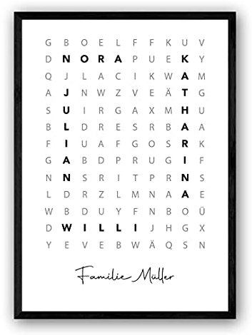 Personalisiertes Familie Poster – Kreuzworträtsel mit Namen – Wortsuchrätsel Wandbild als Deko – Geschenk für Einzug oder Jahrestag – Minimalistischer Schwarz-Weiß-Stil – Größe & Rahmen Optional