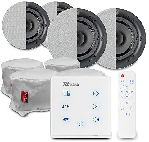 Power Dynamics A100W Bluetooth Ceiling Speaker Kit with Wall Amplifier, 4x QI65CB In-Ceiling Speakers, Fire Hoods & Cables - Home Audio Installation System