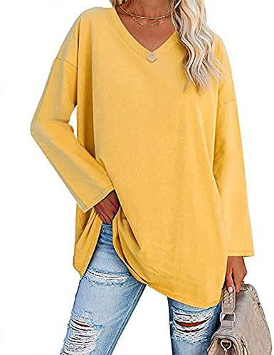 Famulily Lightweight Cotton Tshirt Womens Long Sleeve Baggy Tops Ladies Comfy V Nevk Tshirts Tops Dark Yellow M