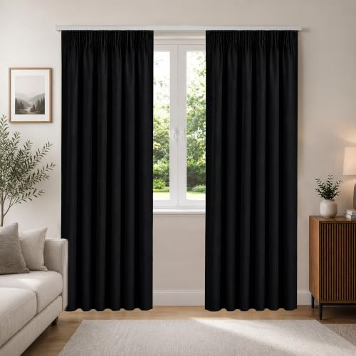 Aspire Homeware Pair of Thermal Blackout Tape Top Curtains, Interwoven Lined Sunlight Blocking Curtains + 2 Tie Backs Black 66x90