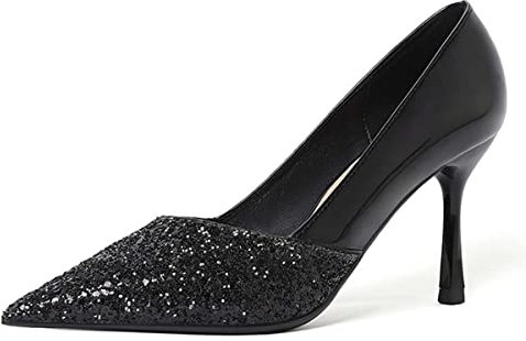 JOEupin Damen Mid Heels Spitze Zehen Pumps 7,6 cm Stiletto-Absatz Schuhe Geschlossene Zehen-Absätze für Frauen Klassisches Kleid Hochzeit Büro Absätze Schuhe, Schwarze Pailletten, 39 EU