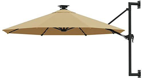 BULANED Sombrilla de pared con LED, Parasol Terraza, Sombrilla Terraza Exterior, Sombrilla Playa, Parasol Exterior, Sombrilla De Jardín,s y poste de metal 300 cm taupé