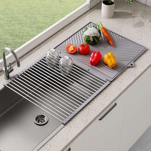NiHome Escurridor enrollable dos en uno para platos y utensilios con alfombrilla de silicona, diseño antideslizante a prueba de calor con drenaje patentado, ahorro de espacio, apto para lavavajillas y