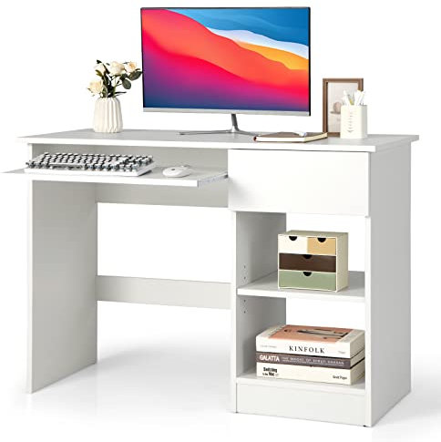 COSTWAY Escritorio Ordenador con Cajones, Mesa Escritorio con Bandeja Extraíble para Teclado y Estantes Ajustables, Mesa Ordenador 108 x 48 x 75 cm, Blanco