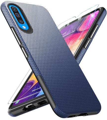 Handyhülle für Samsung Galaxy A50 Hülle mit Schutzfolie, Stoßfest Bumper Kratzfestigkeit rutschfest Schutzhülle Galaxy A50 Schwer Silikon Armor für Samsung A50 Case Cover Tasche (Blau)