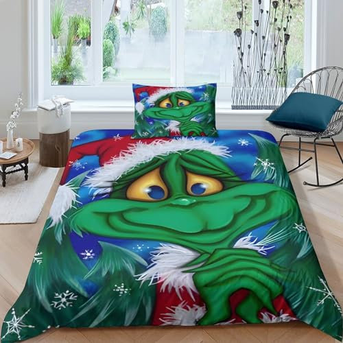 Christmas 3D Gedruckter Grinch New Year Für Kinder Mädchen Jungen Bettbezug Set Bettwäschegarnitur Und Kissenbezüge Weich Microfaser Bettwäsche Reissverschluss 2 Teilig Single(135x200cm)