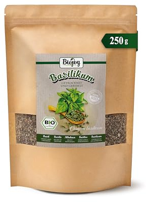 Biojoy BIO Basilikum Gewürz, getrocknet und gerebelt, 250 g | Basil aus Ägypten, ideal für Tee, zum Kochen oder Würzen, Ocimum basilicum L.