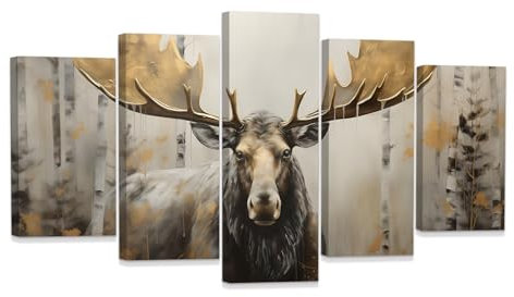 ZXHYWYM Elch Leinwand Wanddruck 5 teilig abstraktes Wildtiergemälde Vintage Elch Hirsch Wandbilder rustikale Hütte Bauernhaus Wanddekoration mit Rahmen (D (20x35cmx2 20x45cmx2 20x55cmx1))