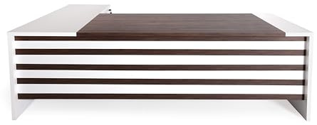 Casa Mare Leon 87 Wood Executive Large Desk for Home Office | Executive Right Side L Shaped Corner Desk & File Drawers w/Telescopic Rail | Modern Business Furniture | White & Brown
