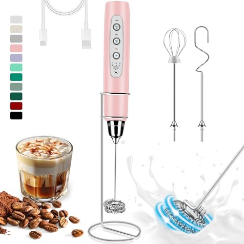 ODIFORGOO Mousseur à lait rechargeable portable avec support, mousseur à café électrique, amovible avec 3 fouets en acier inoxydable, mélangeur de boisson pour latte, cappuccino, matcha, œuf, rose