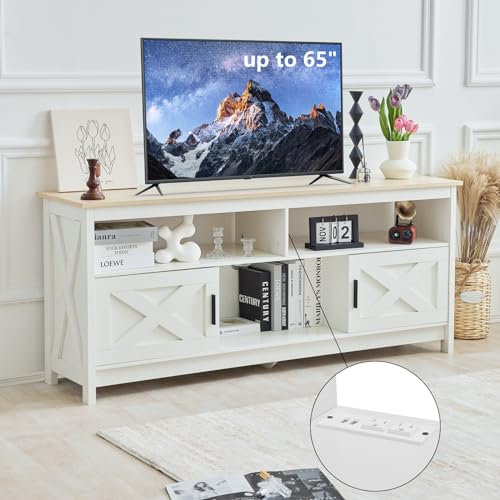 Mobile per TV Fino a 65 Pollici, Credenza Con Prese, Board Con Armadi e Scaffali Aperti, Stile Country Moderno per Soggiorno (Naturale)