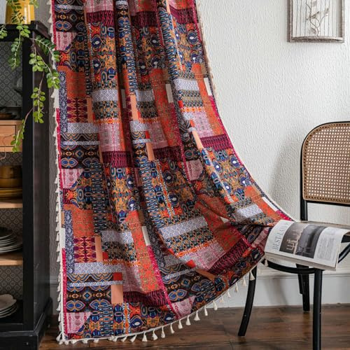 Daesar Vorhänge mit Ösen 2er Set 150x220CM, Gardinen Lichtdurchlässig Rot Boho Geometrie Bedruckt Vorhänge Halbtransparent Wohnzimmer Küche