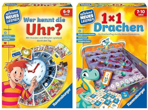 Ravensburger 24995 - Wer kennt die Uhr? & 24976-1x1 Drachen - Lernspiel für Kinder, Rechenspiel für Kinder von 7-10 Jahren, für 2-4 Spieler, Zahlenraum 1-100, kleines Einmaleins