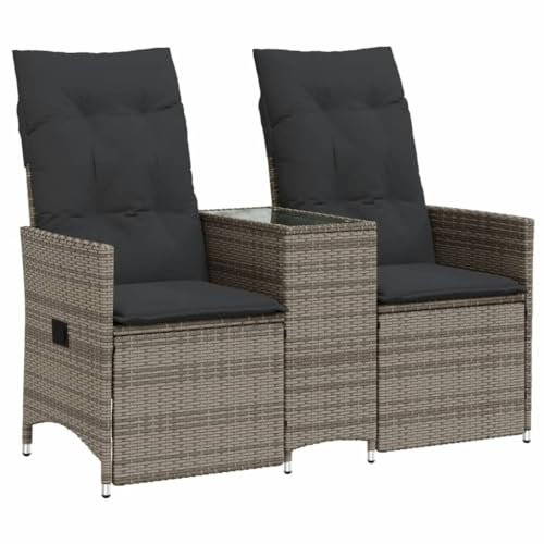 vidaXL Gartensofa, Sofa 2-Sitzer mit Tisch Verstellbare Rückenlehne, Lounge Sitzgruppe für Garten Terrasse, Gartenbank Gartenmöbel, Grau Poly Rattan
