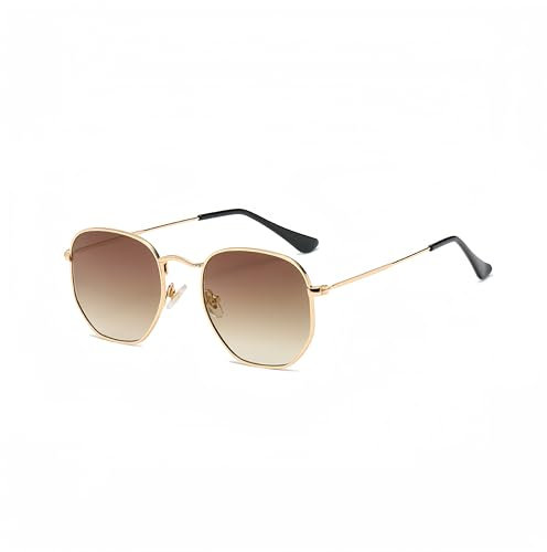 WDZAYXC Klassische polygonale geprägte Design Sonnenbrille mit Metallrahmen für Herren und Damen, UV-Schutz(Gold/Hellbraun)