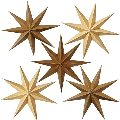 SUNBEAUTY Christmas Paper Stars 8 Pointed 12 Inch Wood Color Magnetic Hanging Paper Star Lanterns Christmas Hanging Lamp Paper Decorations Shade Wedding Birthday Christmas Home Party Decorations