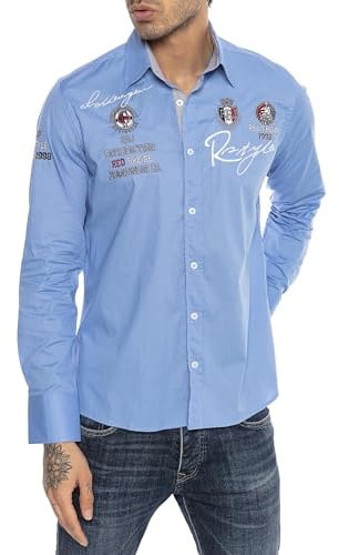 Redbridge Modisches Herren Langarmhemd mit trendigen Stickereien Baumwolle Atmungsaktiv Blau XL