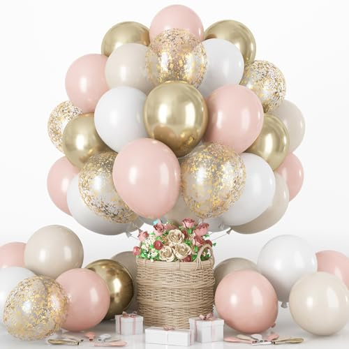 Dusty Pink and Gold Balloons Set, 60Pcs 12 Inch Retro Blush Pink White Sand Beige Metallic Gold Latex Balloon with Gold Confetti Boho Balloon for Birthday Baby Bridal Shower Wedding Party Decorations