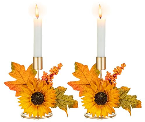 Sziqiqi Kerzenhalter Stabkerze Herbstdeko: Kerzenständer Gold mit Sonnenblumen Herbstblätter Künstlich für Erntedank Herbst Tischdeko 2 Stück Stabkerzenhalter Metall für Wohnzimmer Kamin Esstisch