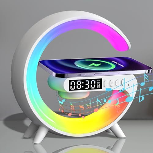 mumisuto Wireless Speaker Charger Light, G Lamp with Wireless Charger, Smart Lamp Bluetooth Speaker, 5W Mood Light with Alarm Clock, 10 Lighting Modes, Bedroom, Party (White Rechargeable Type)