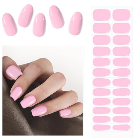 EBANKU Semi Cured Gel Nail Strips, 24PCS Gel Nail Stickers - Long Lasting & Easy to Apply & Remove for Salon-Quality Pedicure | Pink