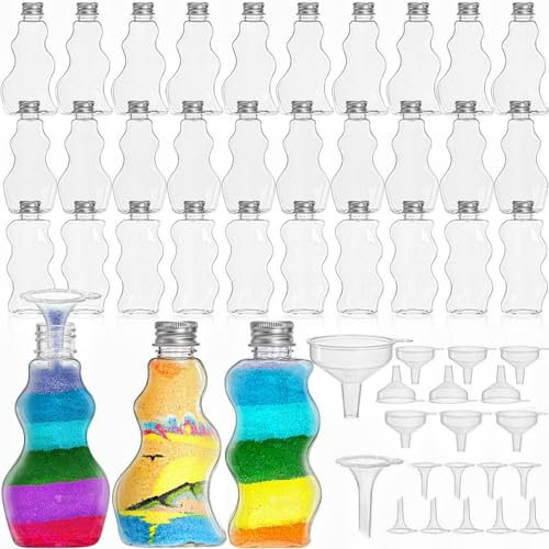 Tlence Lot de 30 bouteilles de sable avec couvercles, 70,9 g avec grands entonnoirs, petits entonnoirs, mini bouteilles de potion en plastique transparent, kit de loisirs créatifs, pots à bonbons pour