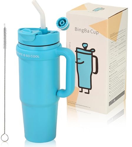 Eastrise 30 oz (850ml) Tumbler with Straw Lid & Handle, Stainless Steel Double Wall Vacuum Insulated Travel Mug, Leak-Proof & Dishwasher Safe for Hot/Cold Coffee, Water, Juice-Sky Blue