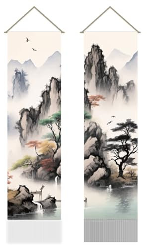 AHANDMAKER Wandteppich, asiatische Landschaftsmalerei, orientalische Tinte, Ästhetik, Bergbaum, japanische Kunstfertigkeit, Quaste, Wandteppich, zum Aufhängen für Schlafzimmer, Wohnzimmer,
