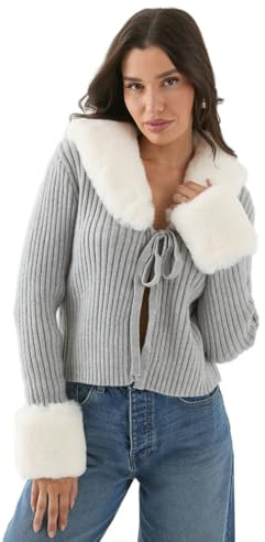 Misspap Knitted Rib Fur Trim Tie Detail Front Jumper, S/M, Grey